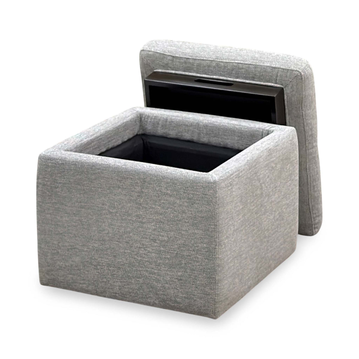 Easy Tray wild dove grey fabric footstool open from the other side, tray lid propped behind the storage box