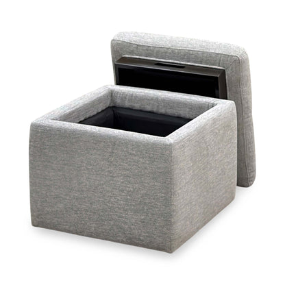Easy Tray wild dove grey fabric footstool open from the other side, tray lid propped behind the storage box