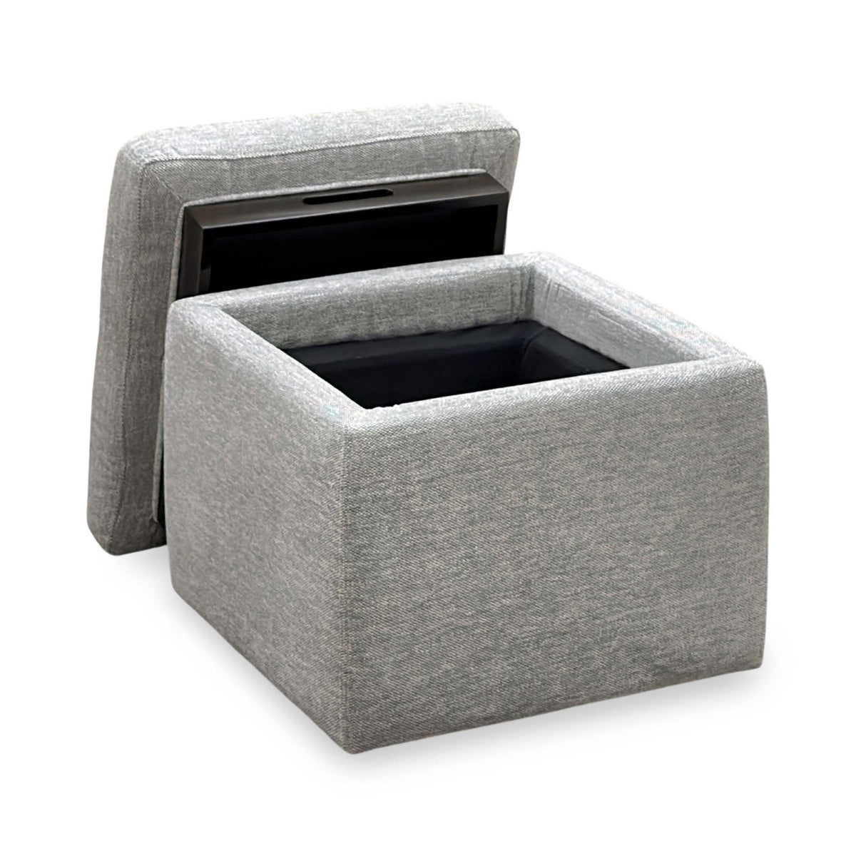 Easy Tray wild dove grey fabric footstool with the lid lifted off showing the open storage box and tray underside