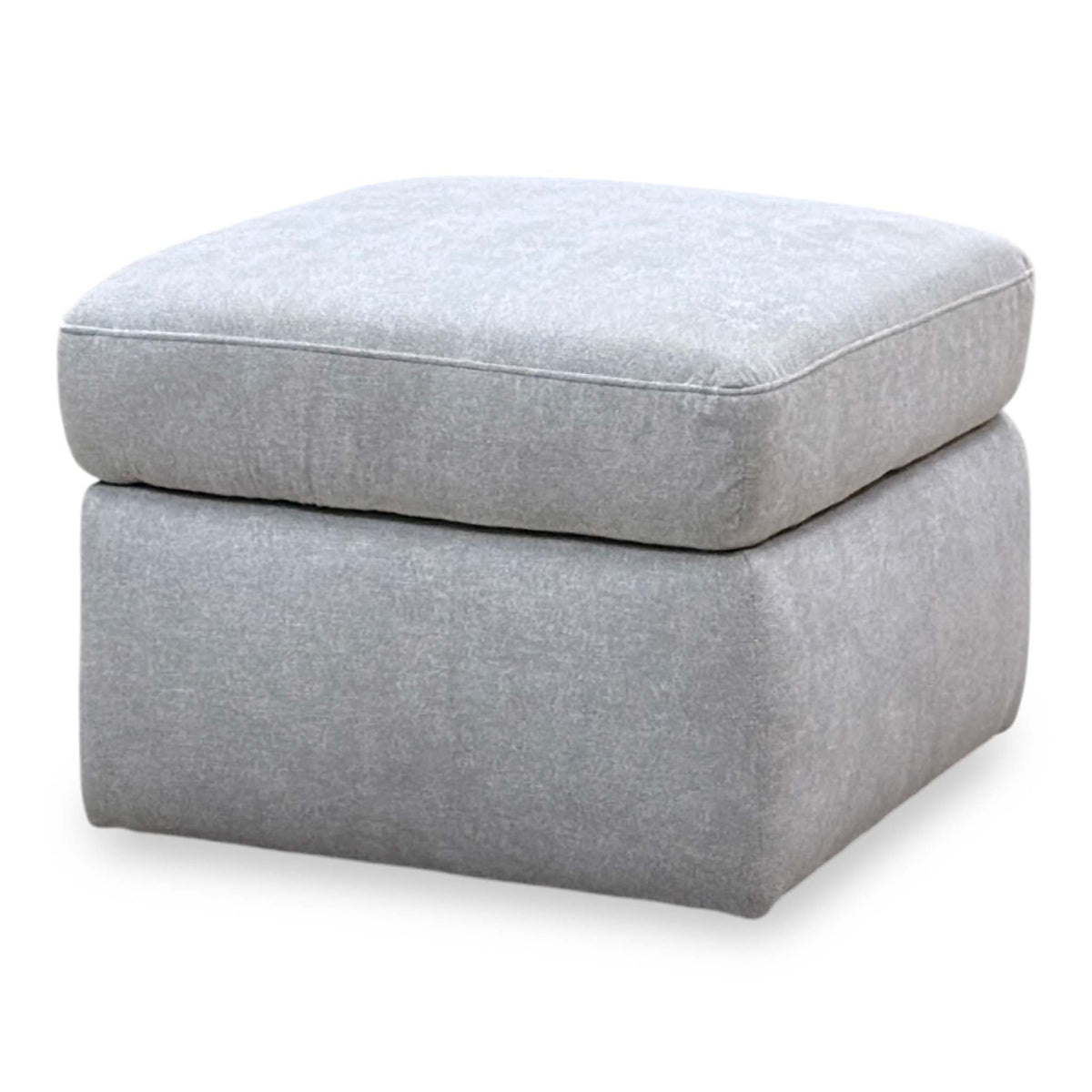 Berlin rosy light grey fabric storage footstool angled from the right with the lid closed