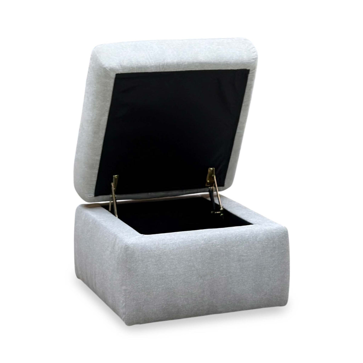 Open storage of the Berlin rosy light grey fabric footstool from the right, showing the lid hinges
