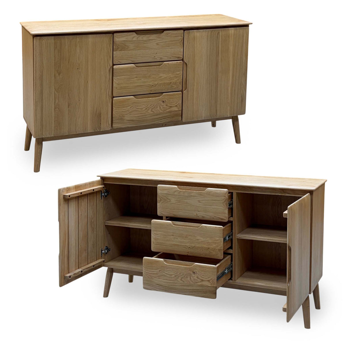 Stockholm light oak solid oak 2 door 3 drawer large sideboard shown closed above and with doors and drawers open below