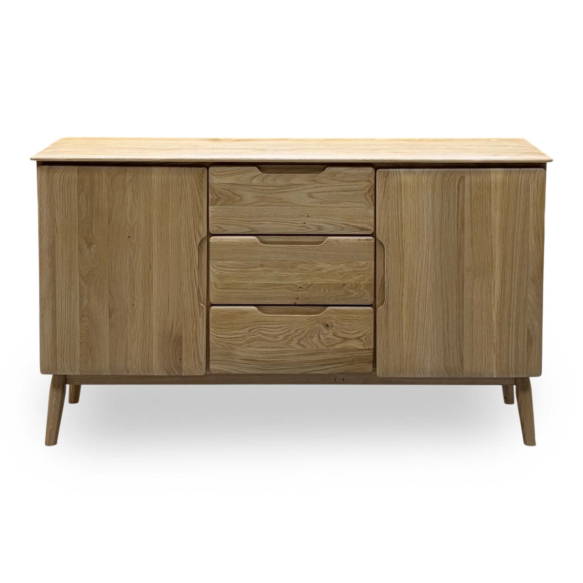 Front view of the Stockholm light oak solid oak 2 door 3 drawer large sideboard