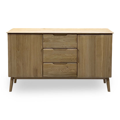 Front view of the Stockholm light oak solid oak 2 door 3 drawer large sideboard