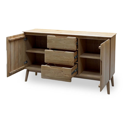 Stockholm light oak solid oak large sideboard with both doors open and the three drawers pulled out, angled view