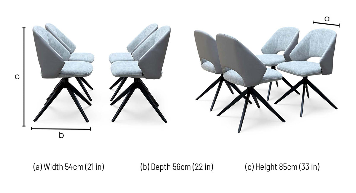 Raul stone grey fabric swivel dining chair dimensions: width 54cm, depth 56cm, height 85cm