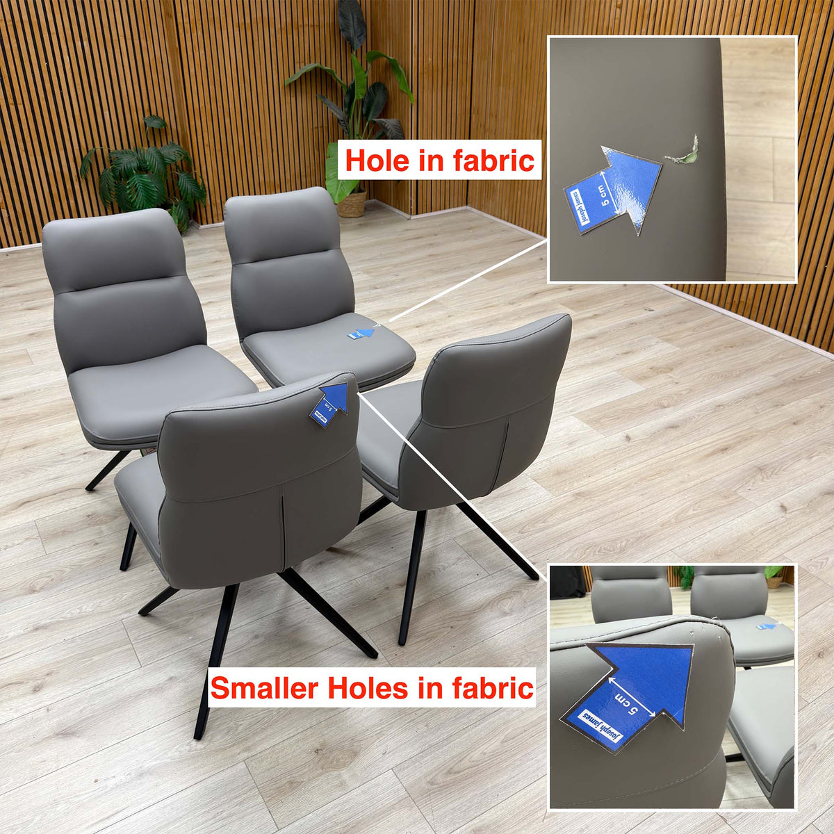 Quattro stone grey faux leather swivel chairs with insets showing a hole and smaller holes in the faux leather