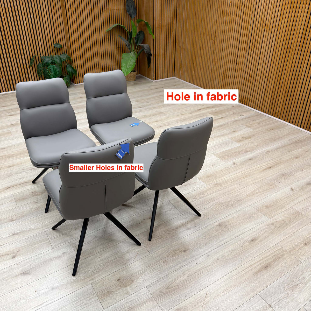 Quattro stone grey faux leather set of 4 swivel chairs with the hole and smaller holes in the faux leather labelled