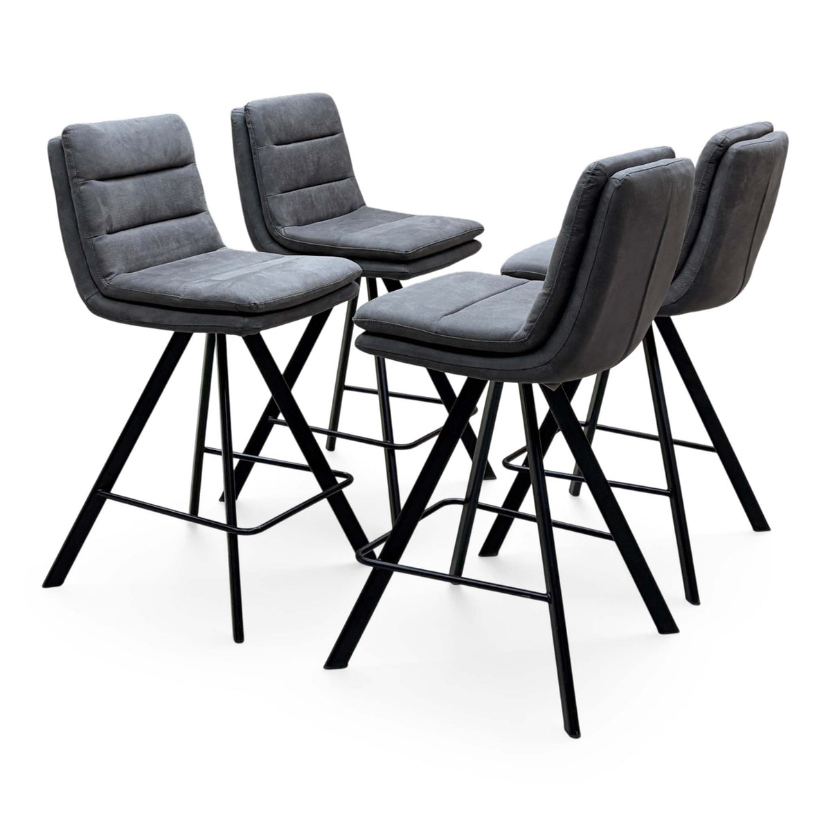 Bodahl Njord anthracite grey fabric set of 4 swivel bar stools, angled view with black metal legs