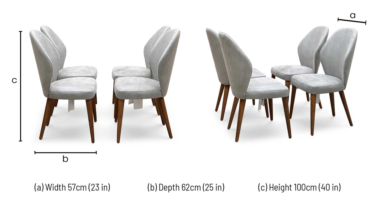 Four upholstered dining chairs shown from multiple angles on a white background, with dimension labels indicating width, depth, and height.