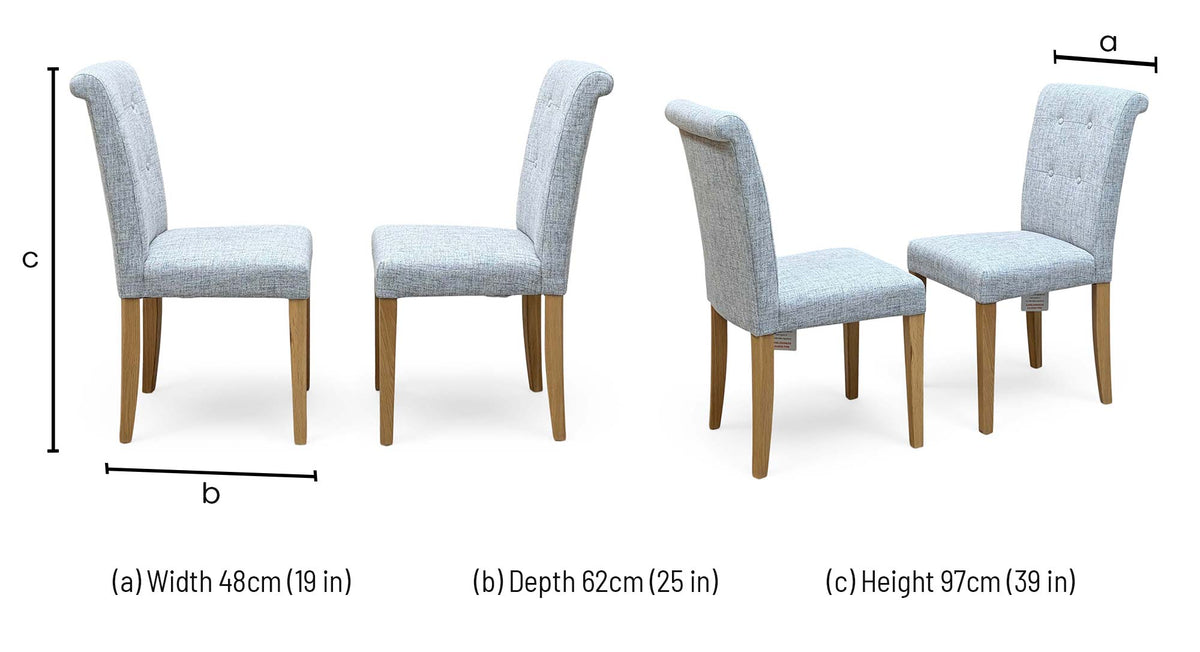 Augusta mist grey fabric roll back dining chair dimensions: width 48cm, depth 62cm, height 97cm