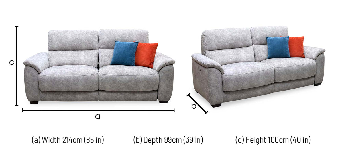 Saffron grey velvet large 3 seater power recliner sofa dimensions: width 214cm, depth 99cm, height 100cm