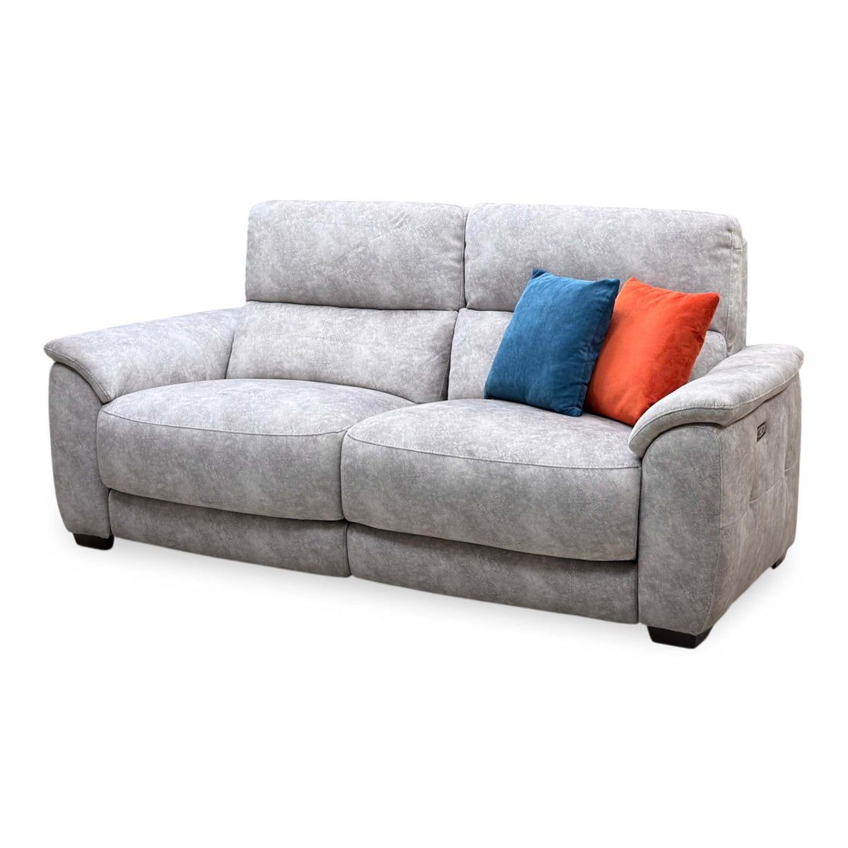 Side angle of the Saffron grey velvet large 3 seater power recliner sofa showing the control panel on the right arm