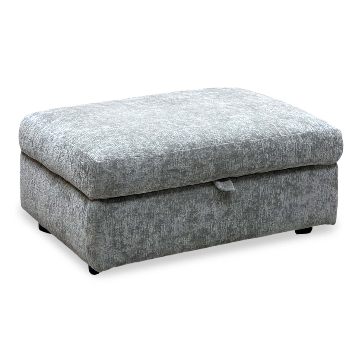 Pandora Denby silver fabric large storage footstool, angled view with a fabric lid tab