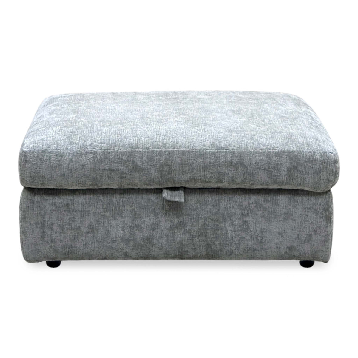 Front view of the Pandora Denby silver fabric large storage footstool with the lid closed