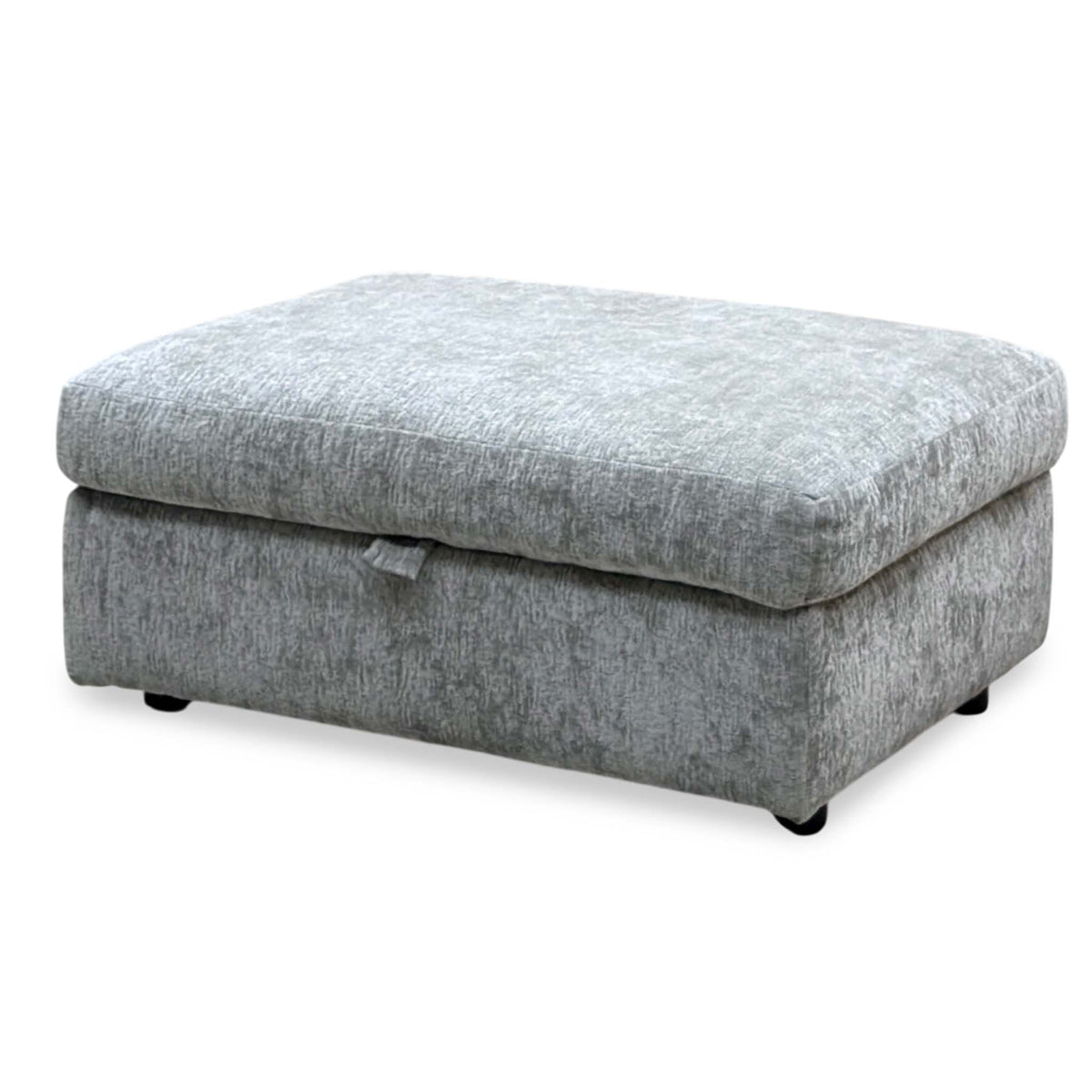 Pandora Denby silver fabric large storage footstool, angled from the right with black feet