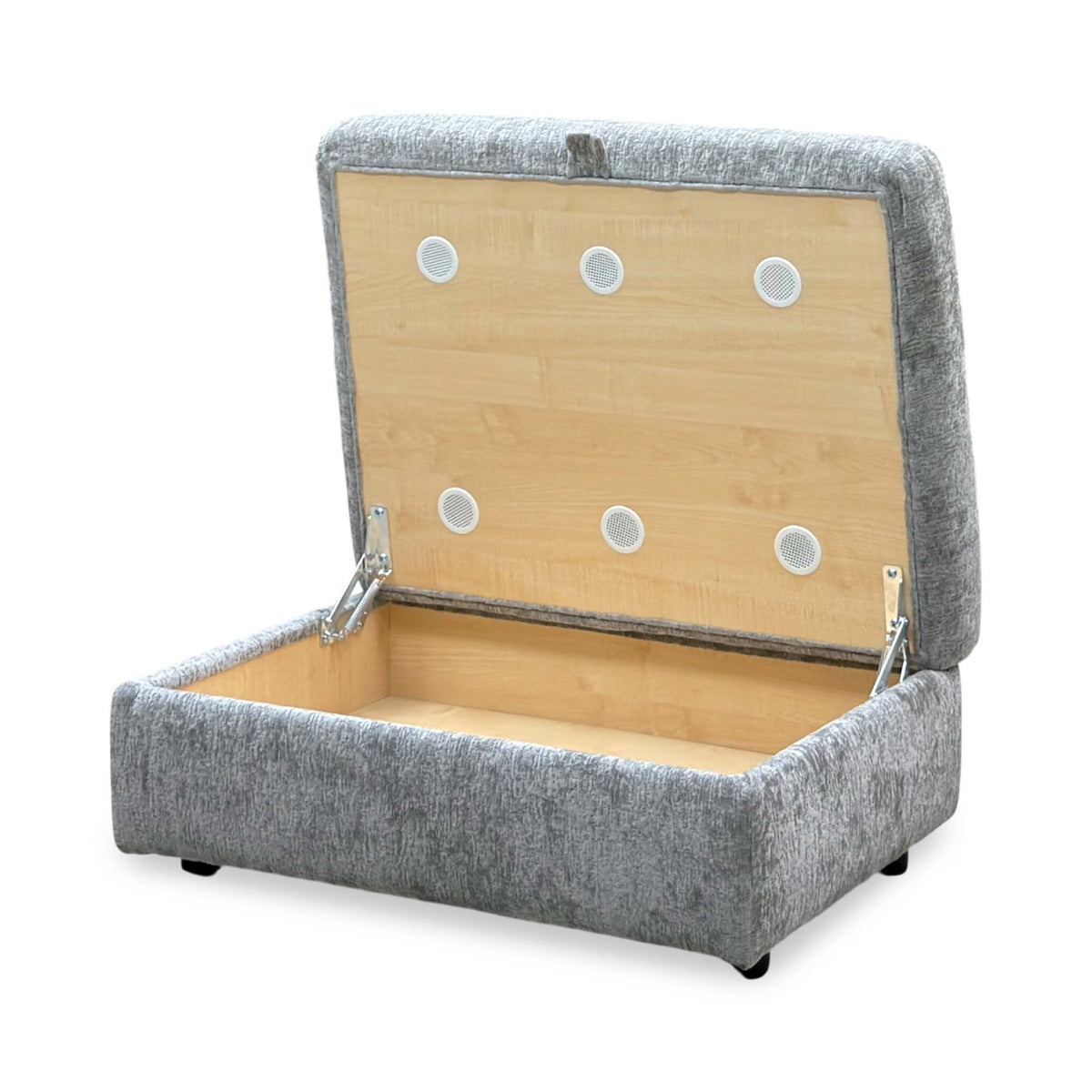 Pandora Denby silver fabric large storage footstool with the lid open showing the wooden storage box