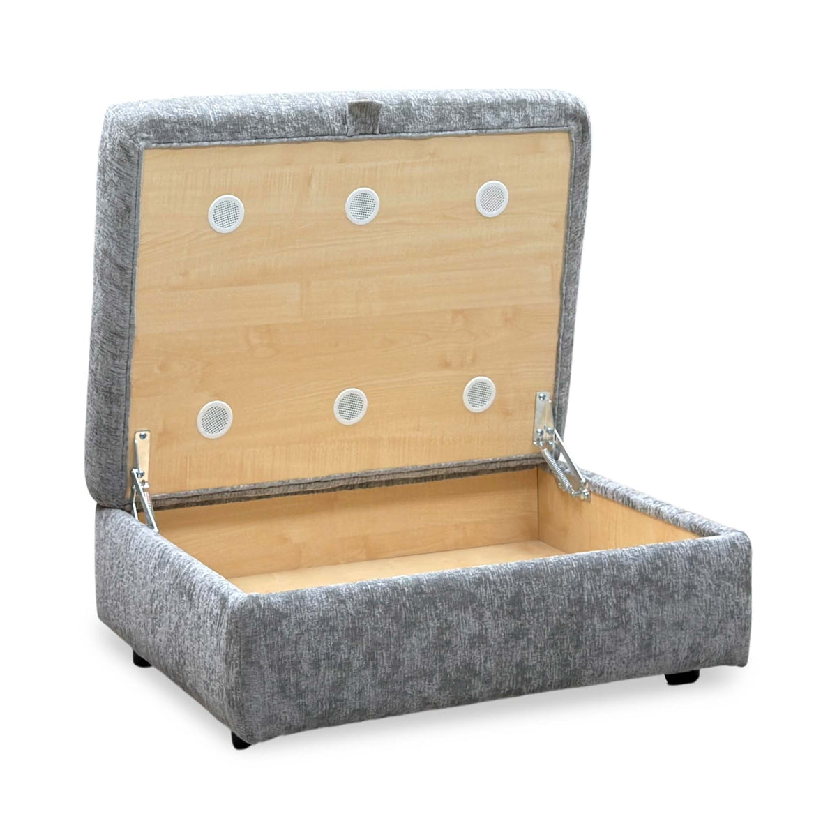 Pandora Denby silver fabric large storage footstool with lid open, angled from the opposite side