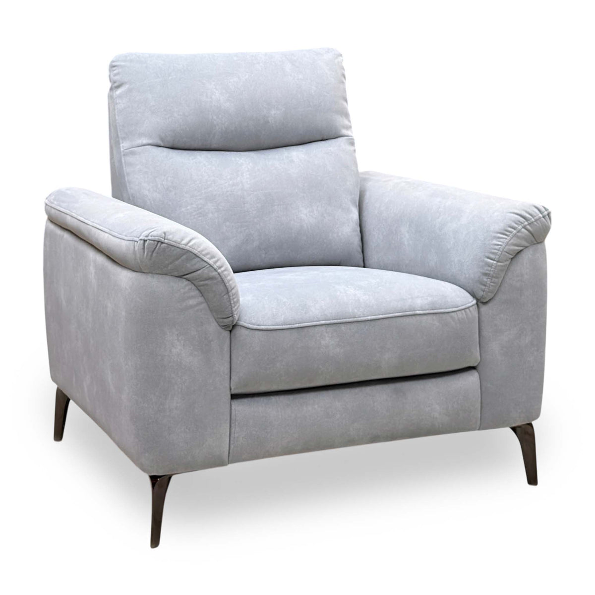 Morgan smoke grey velvet chair, angled view with padded arms and tapered dark legs