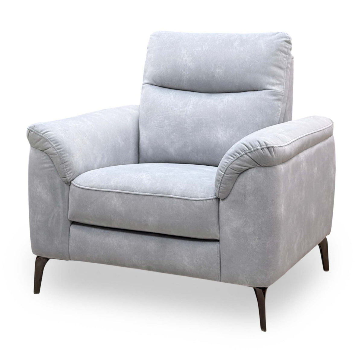 Side angle of the Morgan smoke grey velvet chair showing the high back and flared arms