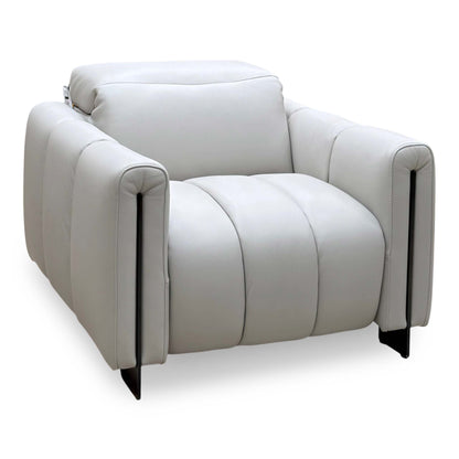 Giorgio light grey leather armchair, angled view with channel stitched seat and slim black metal arm trims