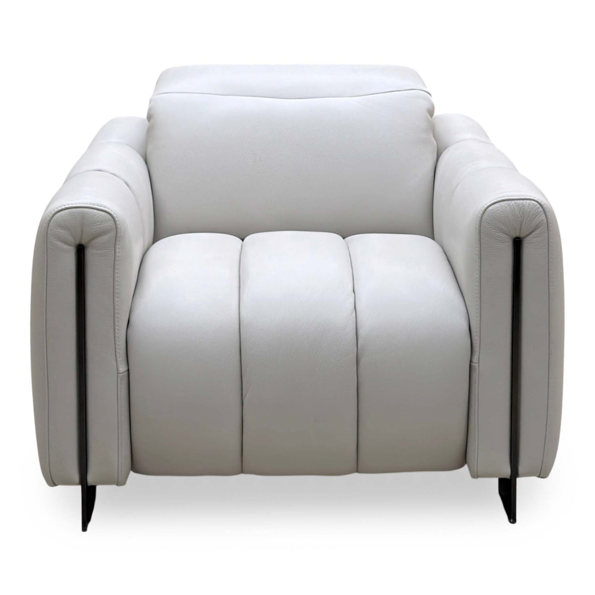 Front view of the Giorgio light grey leather armchair showing the padded headrest and black metal feet