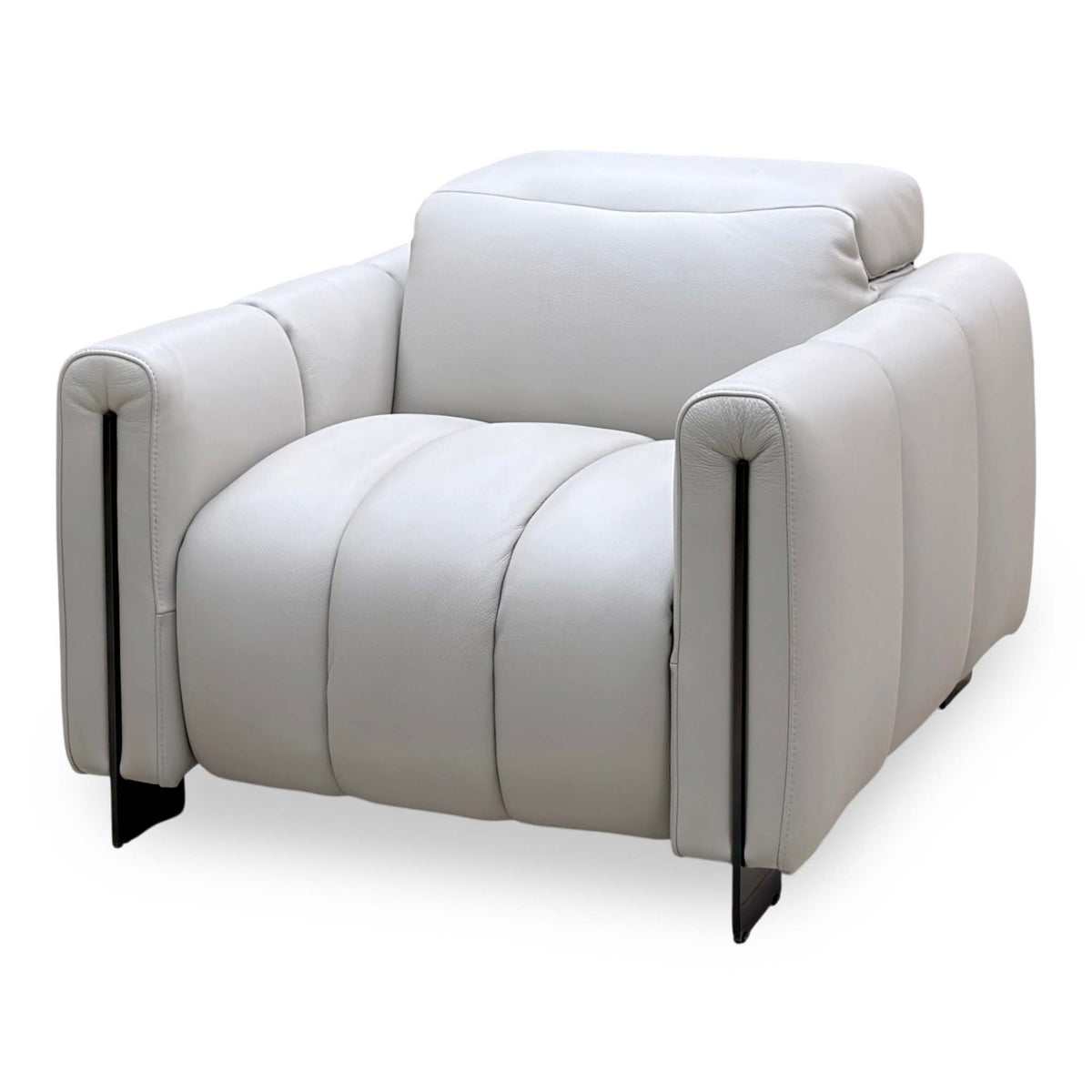Giorgio light grey leather armchair, angled from the right