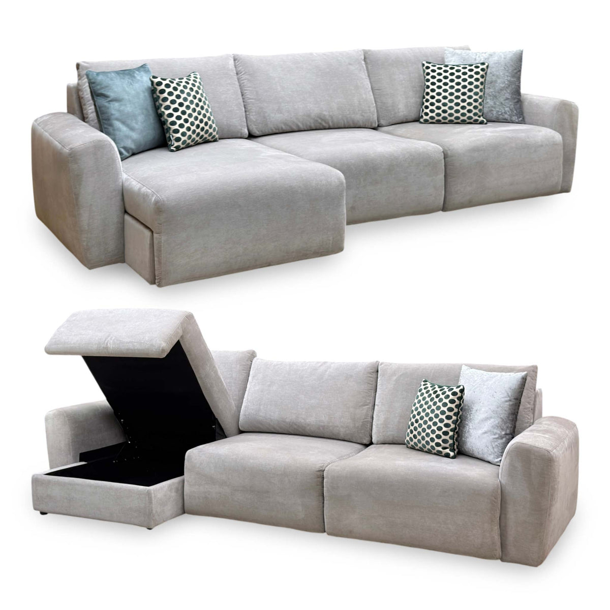 Ideal Home 'Gemini' Fab-Can-R452 Grey Mist Fabric 3 Seater Sofa with Chaise Storage