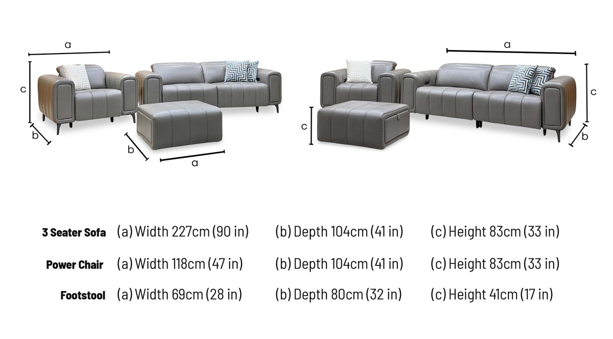 Elphaba elephant grey leather set dimensions: sofa 227 x 104 x 83cm, chair 118 x 104 x 83cm, footstool 69 x 80 x 41cm