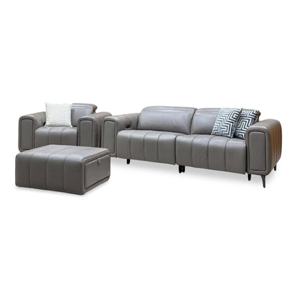 Side angle of the Elphaba elephant grey leather 3 seater sofa and power chair with the storage footstool to the left