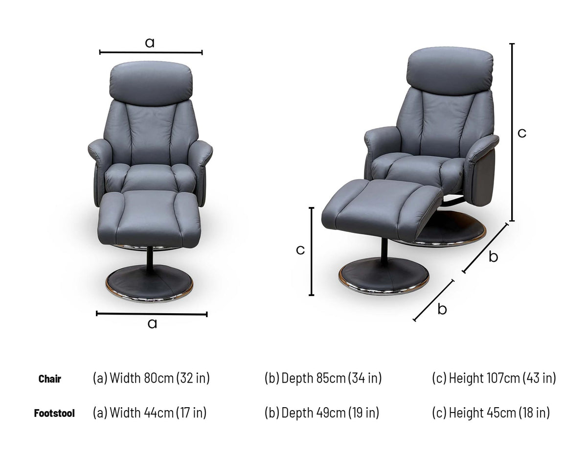Elm petrol blue leather recliner chair dimensions: width 80cm, depth 85cm, height 107cm; footstool 44 x 49 x 45cm