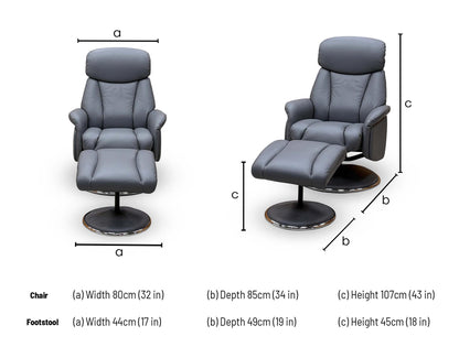 Elm petrol blue leather recliner chair dimensions: width 80cm, depth 85cm, height 107cm; footstool 44 x 49 x 45cm
