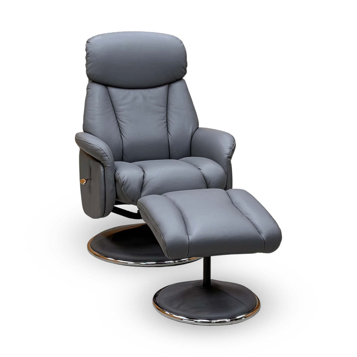 Elm petrol blue leather swivel recliner chair, front-angled view showing the padded headrest and recline lever