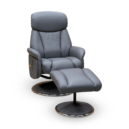 Elm petrol blue leather swivel recliner chair, front-angled view showing the padded headrest and recline lever