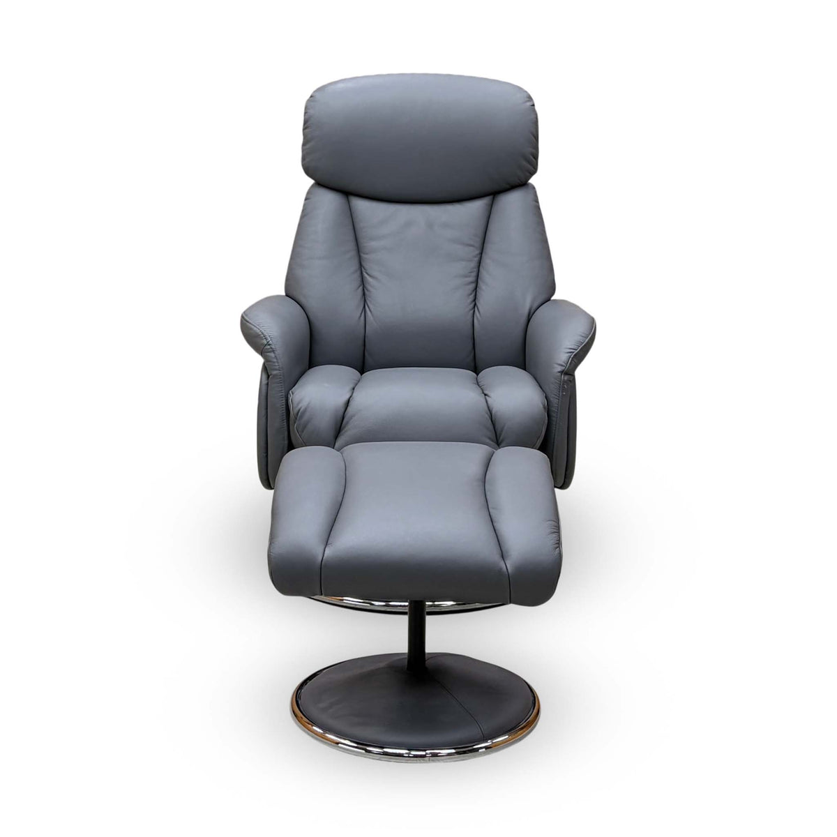 Front view of the Elm petrol blue leather swivel recliner chair with the footstool in front