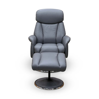 Front view of the Elm petrol blue leather swivel recliner chair with the footstool in front