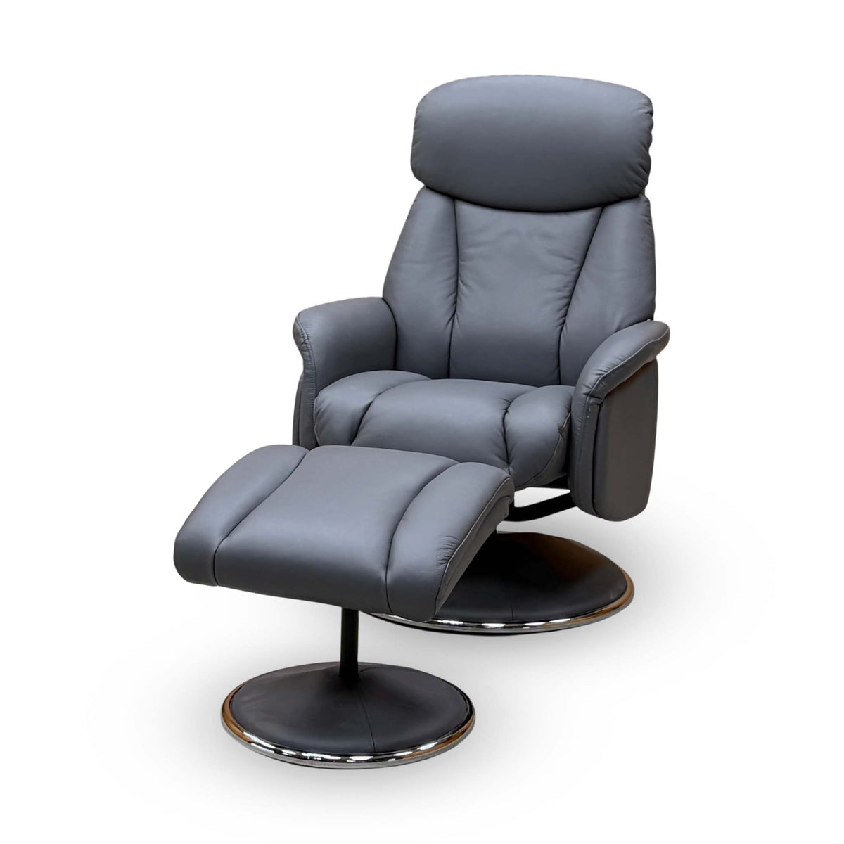 Elm petrol blue leather swivel recliner chair from the opposite angle, footstool at the front left