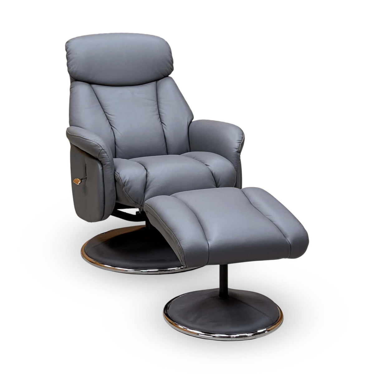 Elm petrol blue leather swivel recliner chair and footstool, angled view on chrome-edged round bases