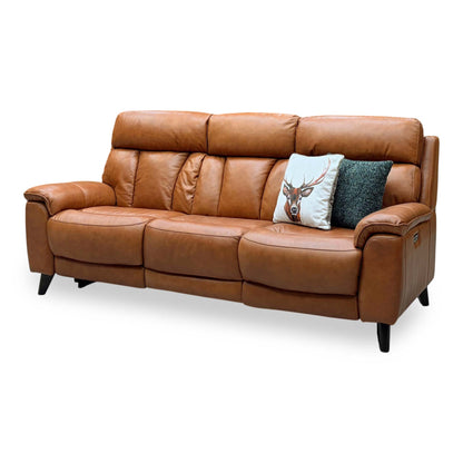 Side angle of the Dreamer saddle brown leather 3 seater sofa showing the padded arms and dark feet