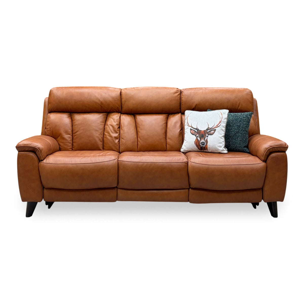 Front view of the Dreamer saddle brown leather 3 seater sofa with the power headrests upright
