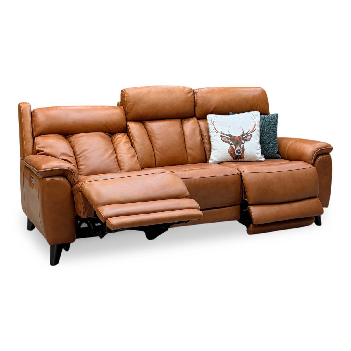 Dreamer saddle brown leather 3 seater sofa, angled view with both end seats power reclined