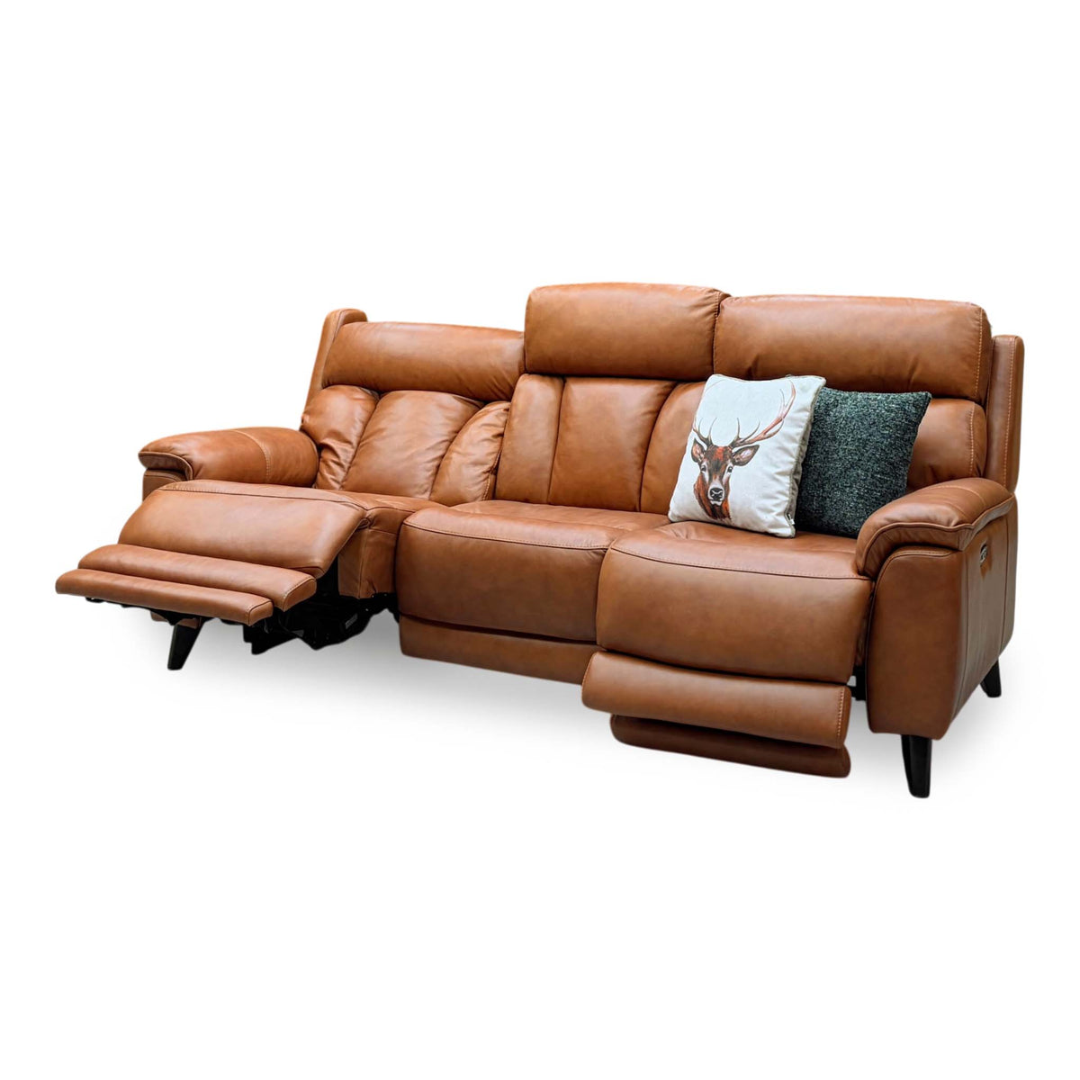 Dreamer saddle brown leather 3 seater sofa from the right with both end seats in the reclined position