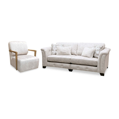 'Aura' Kenzo Cream Dw Ft Velvet Fabric 4 Seater Classic Back Split Frame Sofa + Swivel Chair with Natural Wood Arms