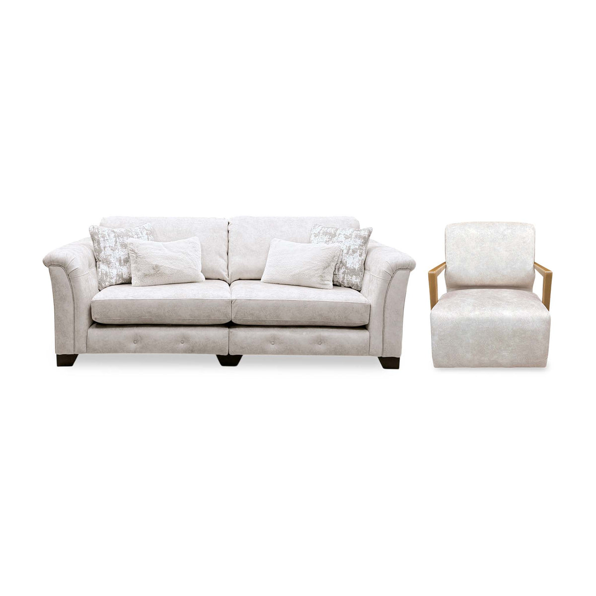 'Aura' Kenzo Cream Dw Ft Velvet Fabric 4 Seater Classic Back Split Frame Sofa + Swivel Chair with Natural Wood Arms