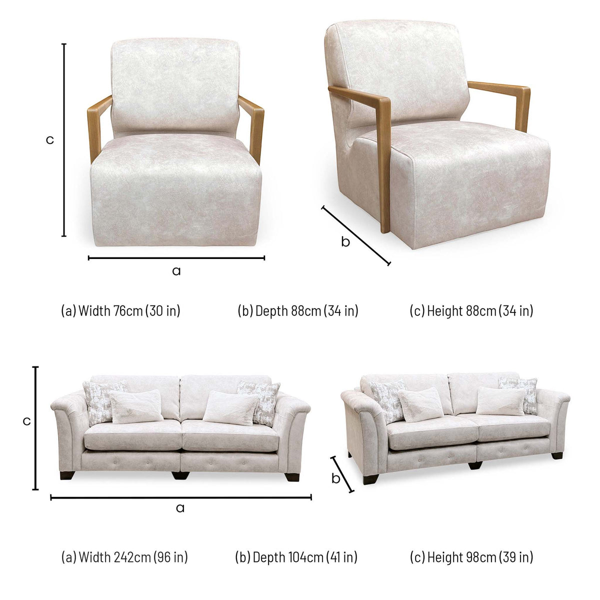 'Aura' Kenzo Cream Dw Ft Velvet Fabric 4 Seater Classic Back Split Frame Sofa + Swivel Chair with Natural Wood Arms