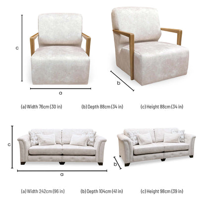 'Aura' Kenzo Cream Dw Ft Velvet Fabric 4 Seater Classic Back Split Frame Sofa + Swivel Chair with Natural Wood Arms