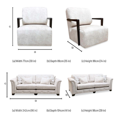 'Aura' Kenzo Cream Dw Ft Velvet Fabric 4 Seater Classic Back Split Frame Sofa + Swivel Chair with Dark Wood Arms