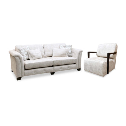 'Aura' Kenzo Cream Dw Ft Velvet Fabric 4 Seater Classic Back Split Frame Sofa + Swivel Chair with Dark Wood Arms