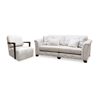 'Aura' Kenzo Cream Dw Ft Velvet Fabric 4 Seater Classic Back Split Frame Sofa + Swivel Chair with Dark Wood Arms