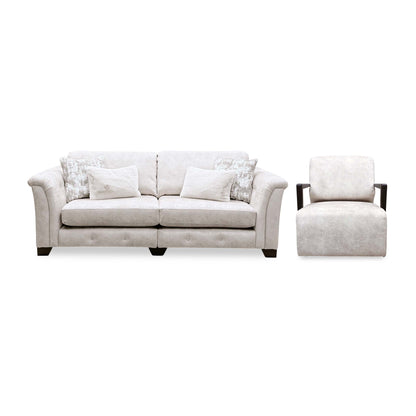 'Aura' Kenzo Cream Dw Ft Velvet Fabric 4 Seater Classic Back Split Frame Sofa + Swivel Chair with Dark Wood Arms